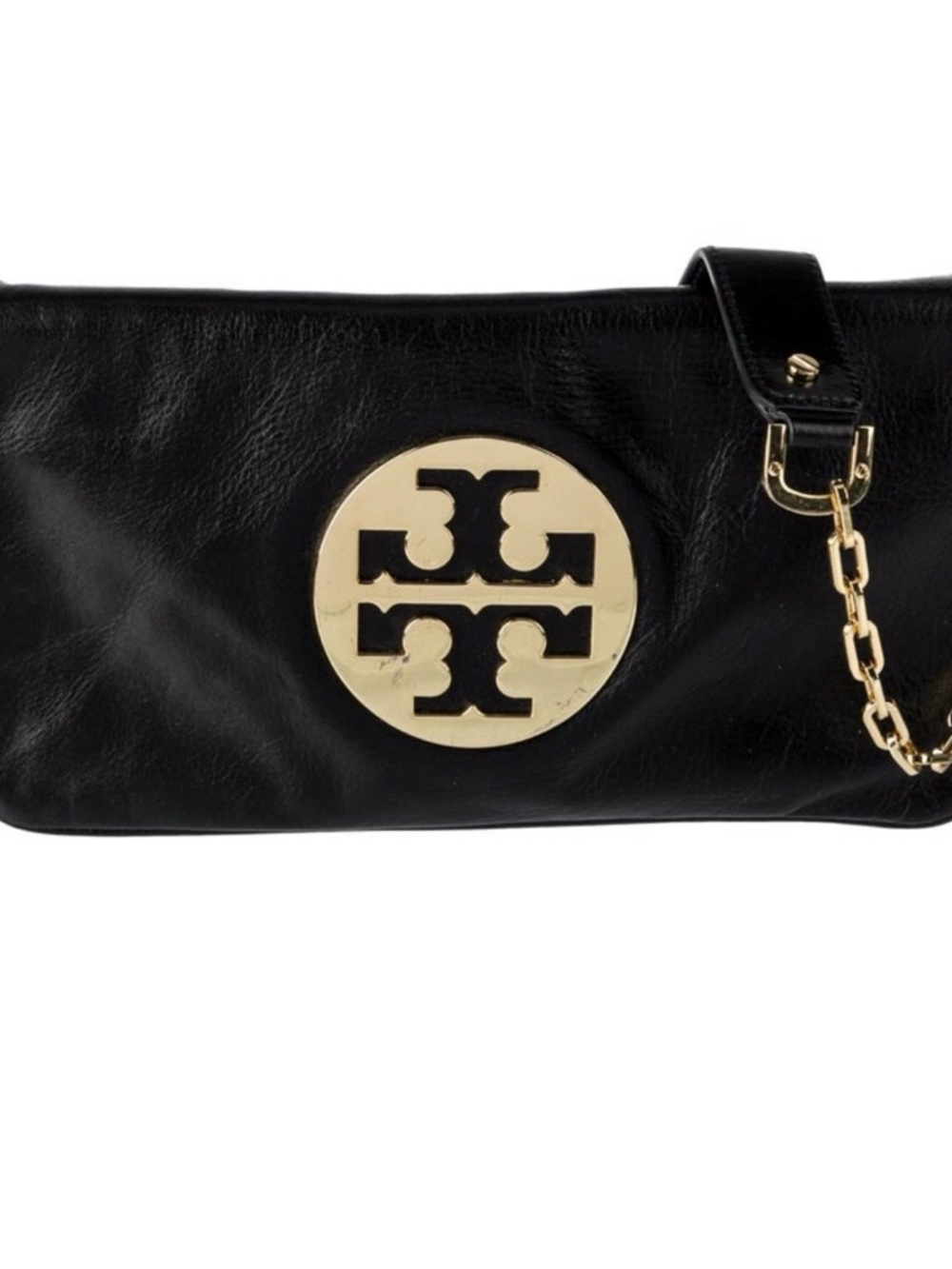Tory Burch Black Leather Clutch with Gold Logo Medallion and Chain